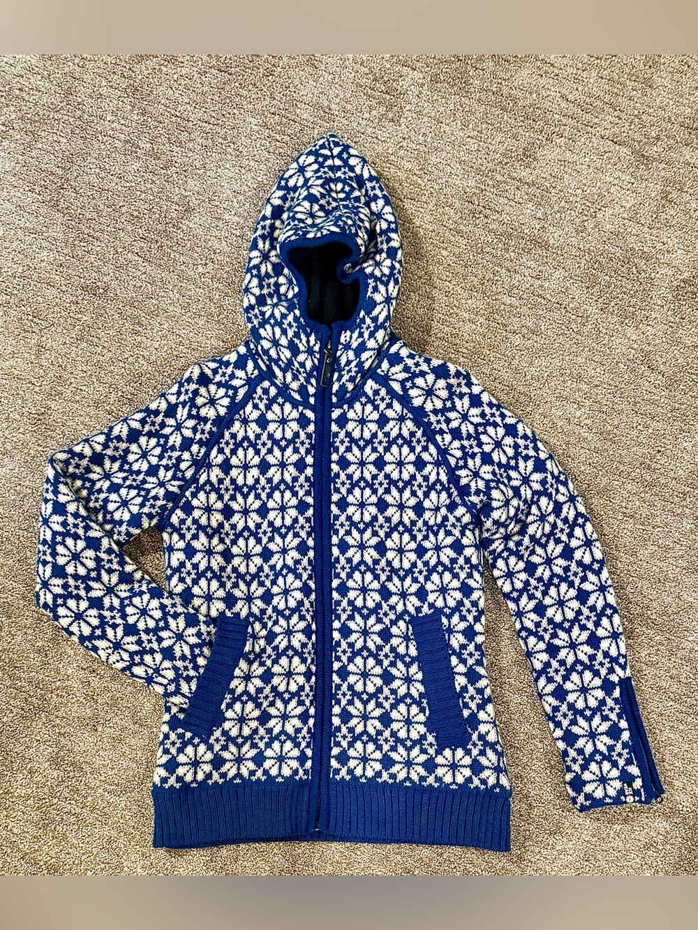 Icewear - Blue & White Hooded Knit Utility Jacket with Snowflake Pattern
